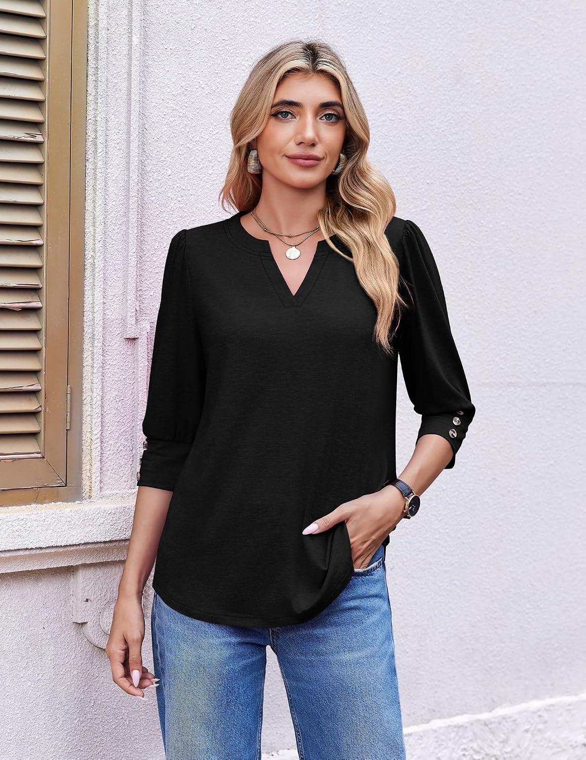 image:imageEkouaer 34 Sleeve Tops Women V Neck T Shirts Dressy Casual Blouses01black