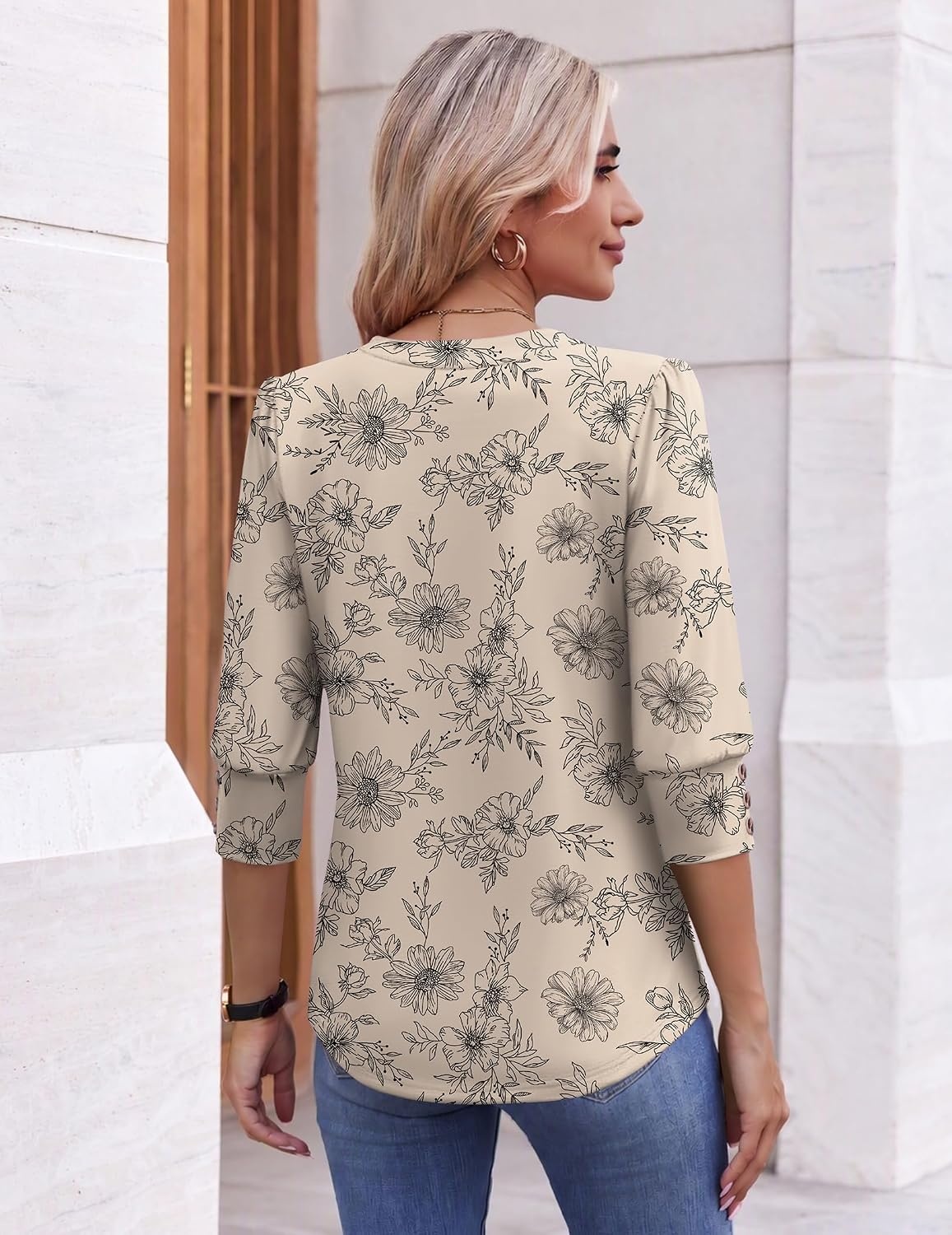 image:imageEkouaer 34 Sleeve Tops Women V Neck T Shirts Dressy Casual BlousesBeige Print