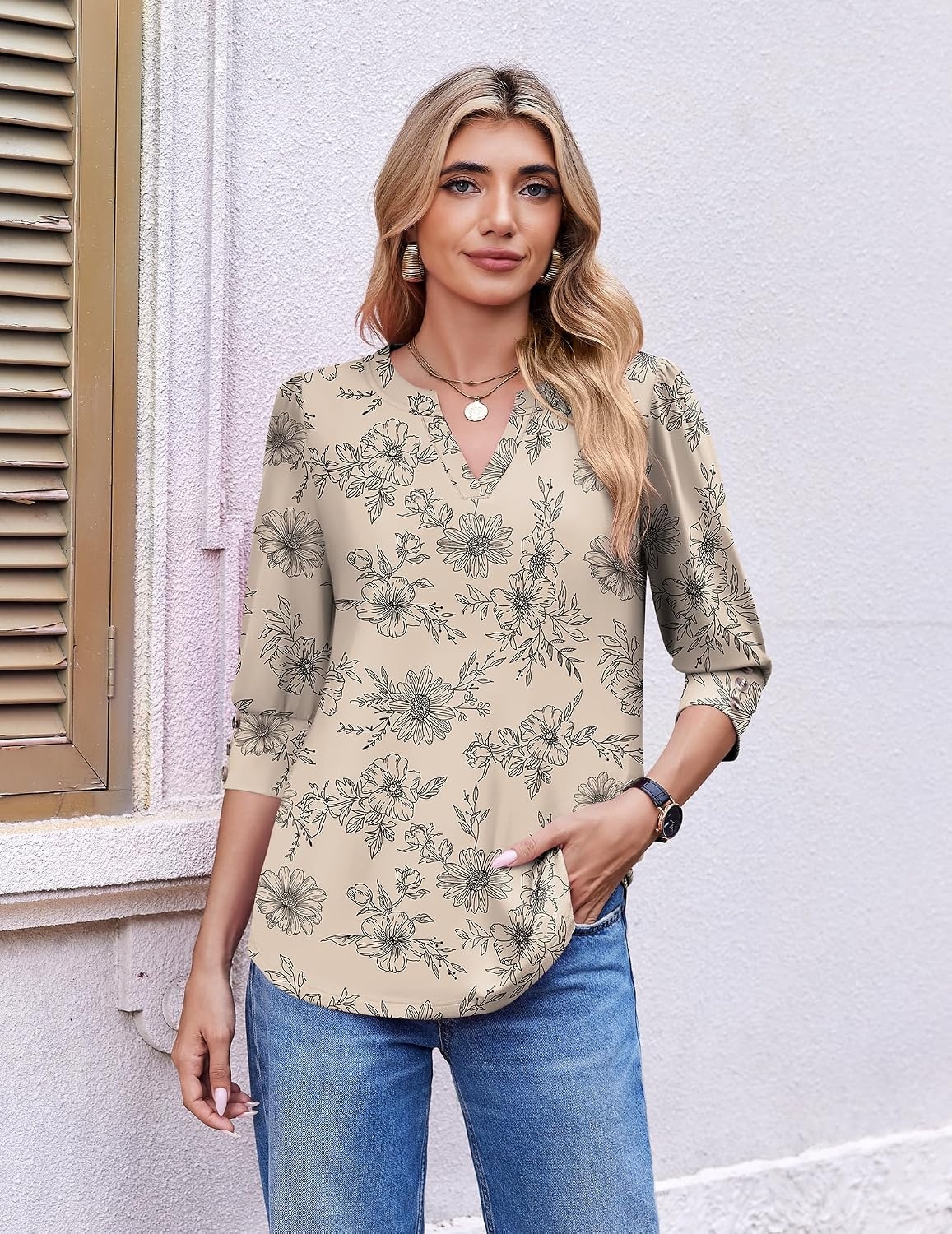 image:imageEkouaer 34 Sleeve Tops Women V Neck T Shirts Dressy Casual BlousesBeige Print