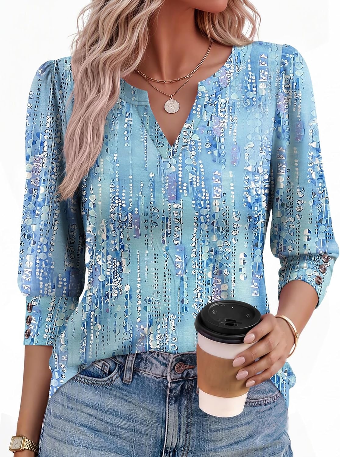 image:imageEkouaer 34 Sleeve Tops Women V Neck T Shirts Dressy Casual BlousesBlue Floral