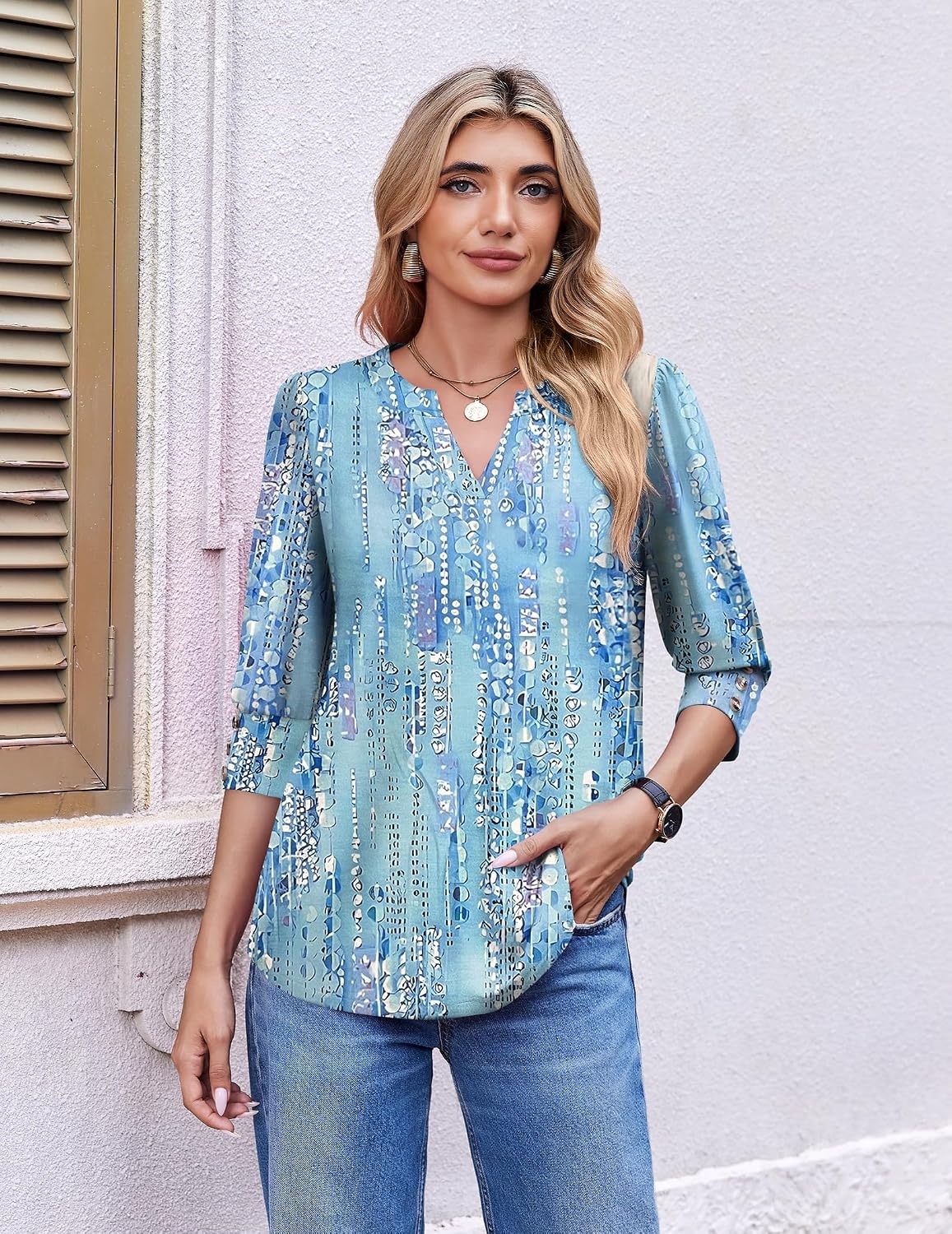 image:imageEkouaer 34 Sleeve Tops Women V Neck T Shirts Dressy Casual BlousesBlue Floral