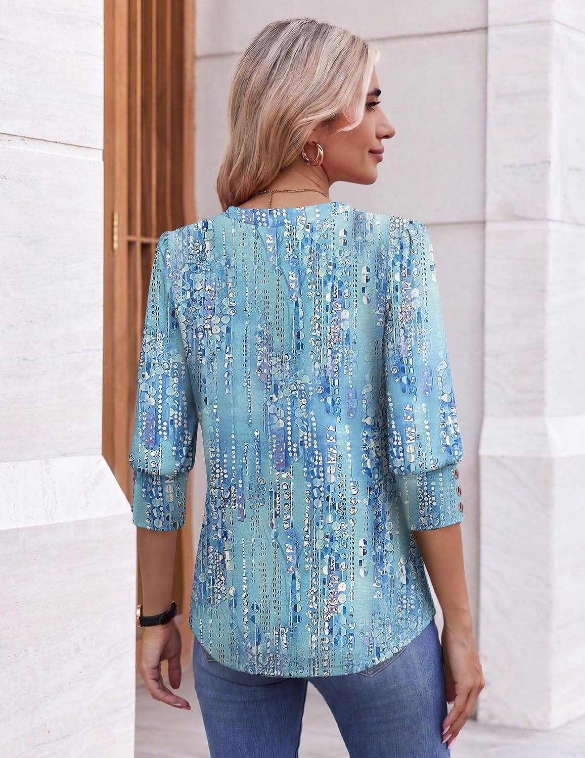 image:imageEkouaer 34 Sleeve Tops Women V Neck T Shirts Dressy Casual BlousesBlue Floral