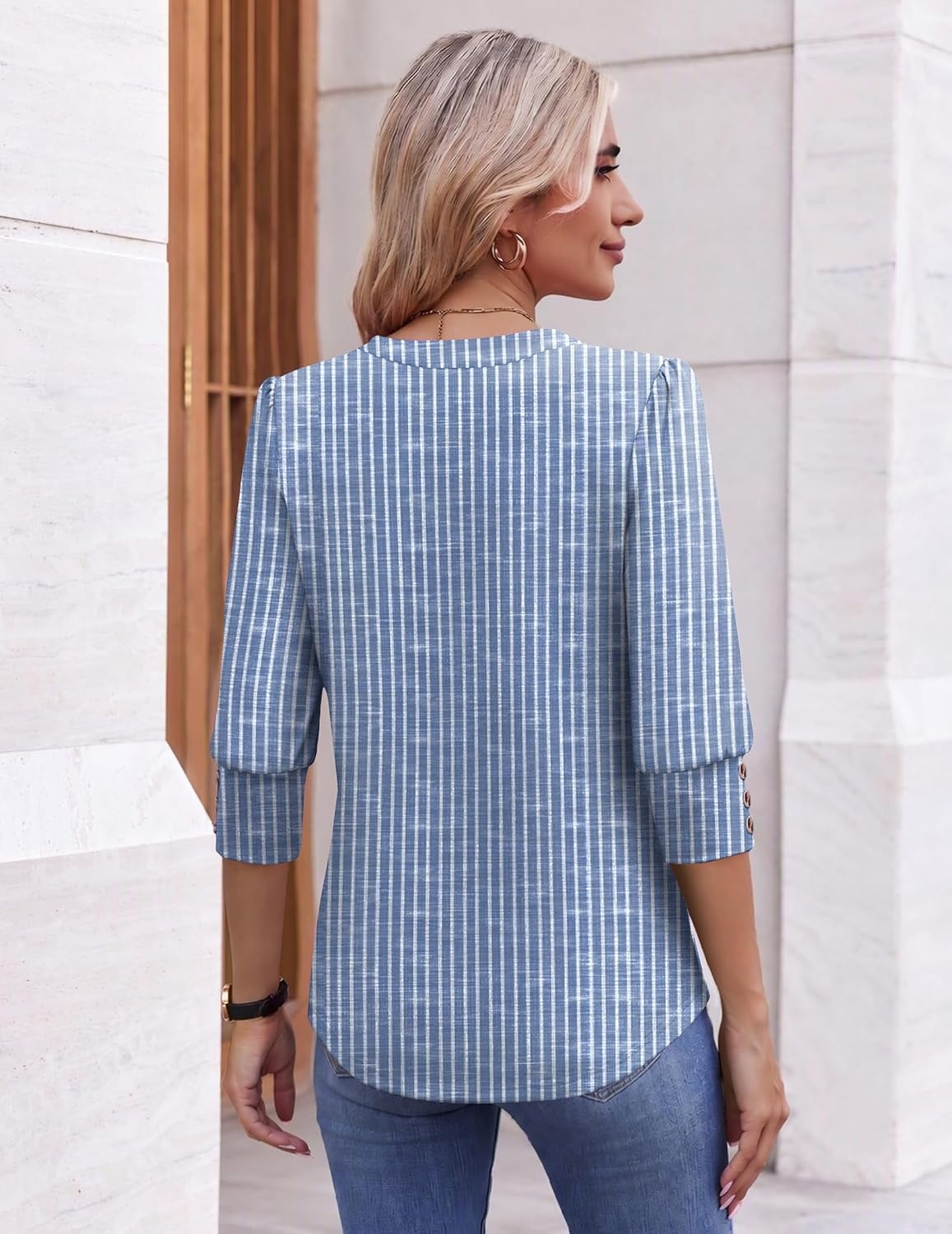 image:imageEkouaer 34 Sleeve Tops Women V Neck T Shirts Dressy Casual BlousesBlue White Stripes