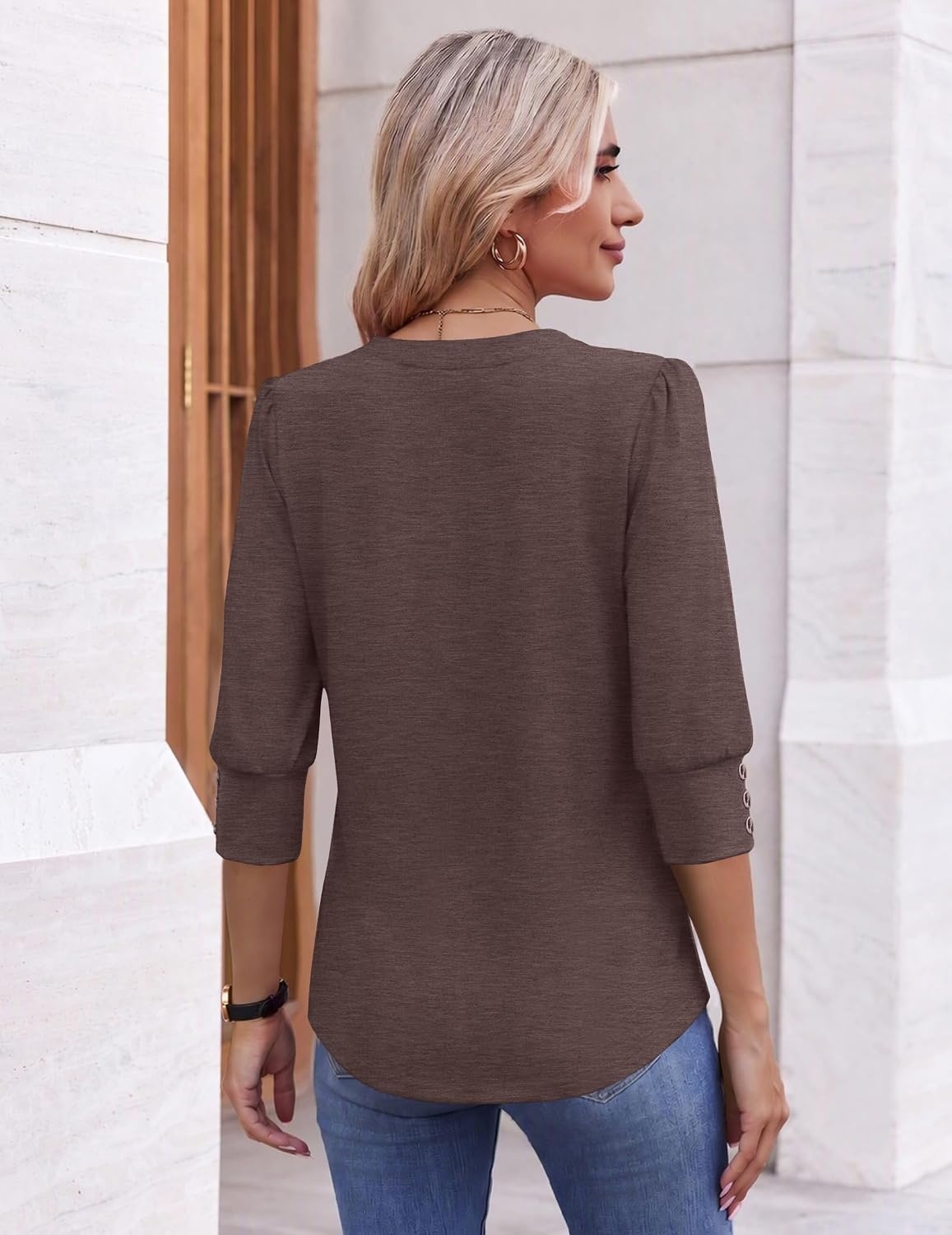 image:imageEkouaer 34 Sleeve Tops Women V Neck T Shirts Dressy Casual BlousesBrown