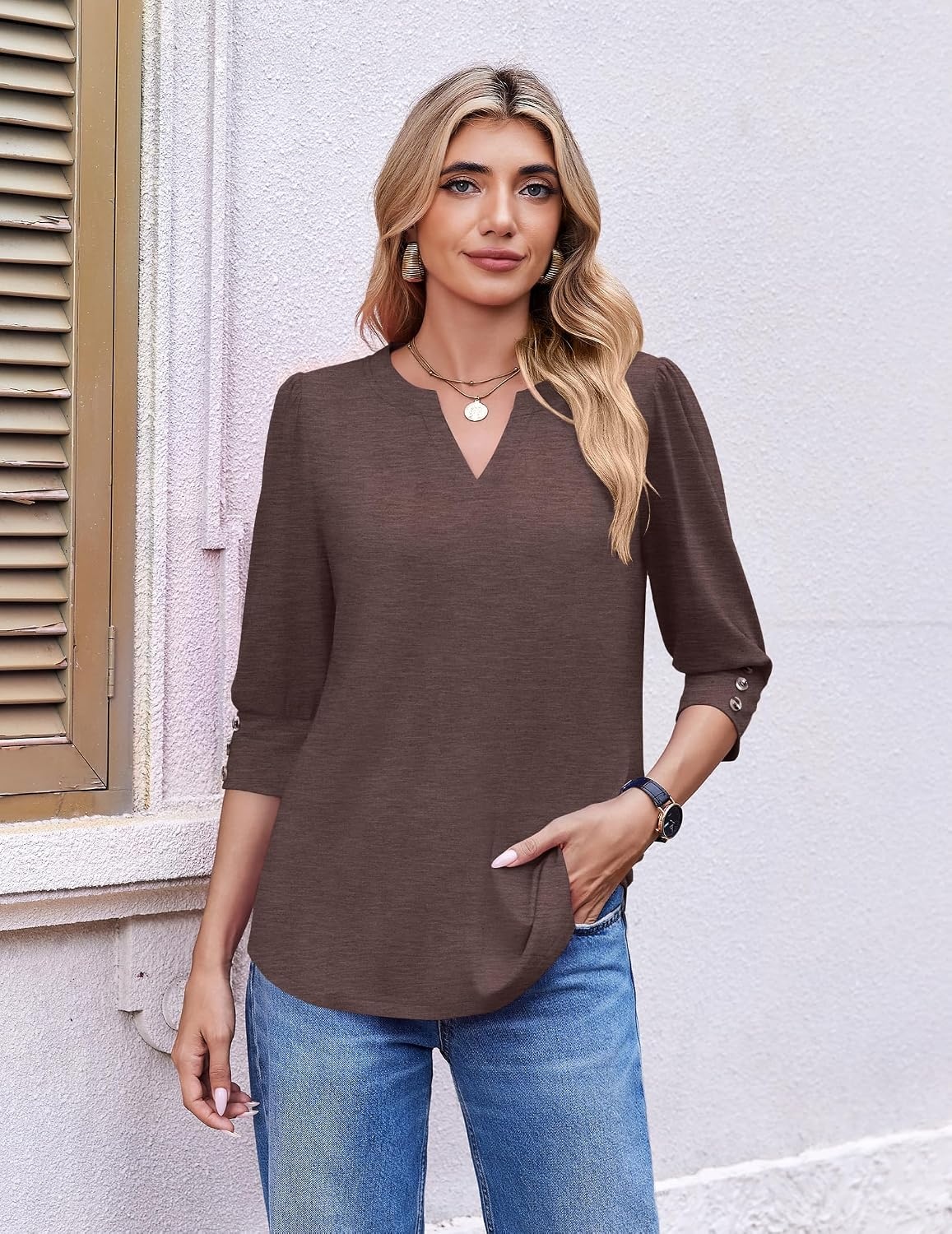 image:imageEkouaer 34 Sleeve Tops Women V Neck T Shirts Dressy Casual BlousesBrown