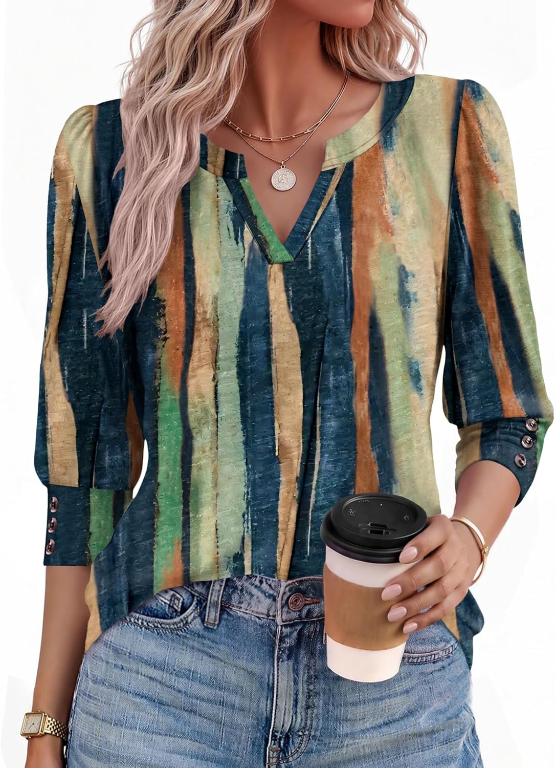 image:imageEkouaer 34 Sleeve Tops Women V Neck T Shirts Dressy Casual BlousesCx289