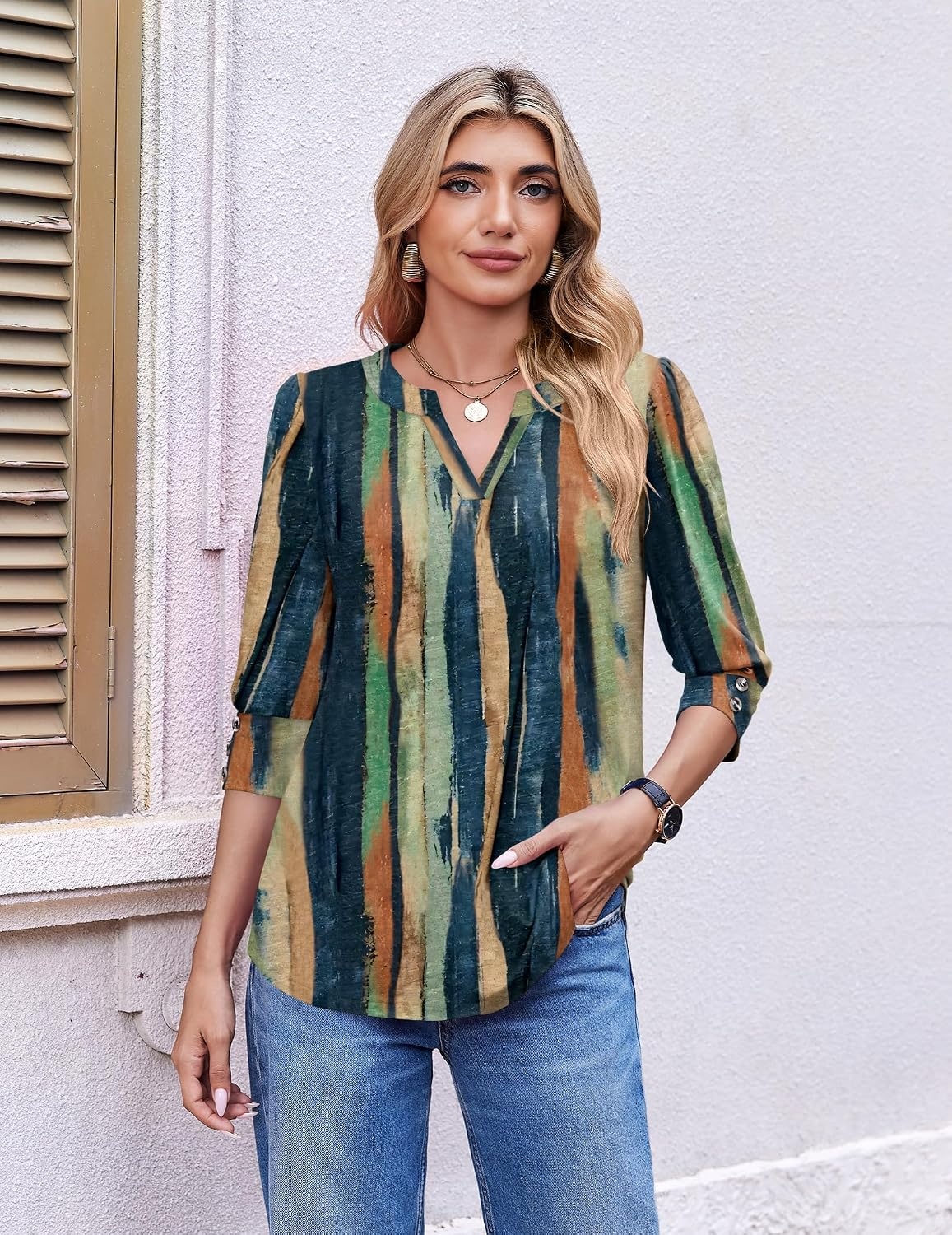 image:imageEkouaer 34 Sleeve Tops Women V Neck T Shirts Dressy Casual BlousesCx289