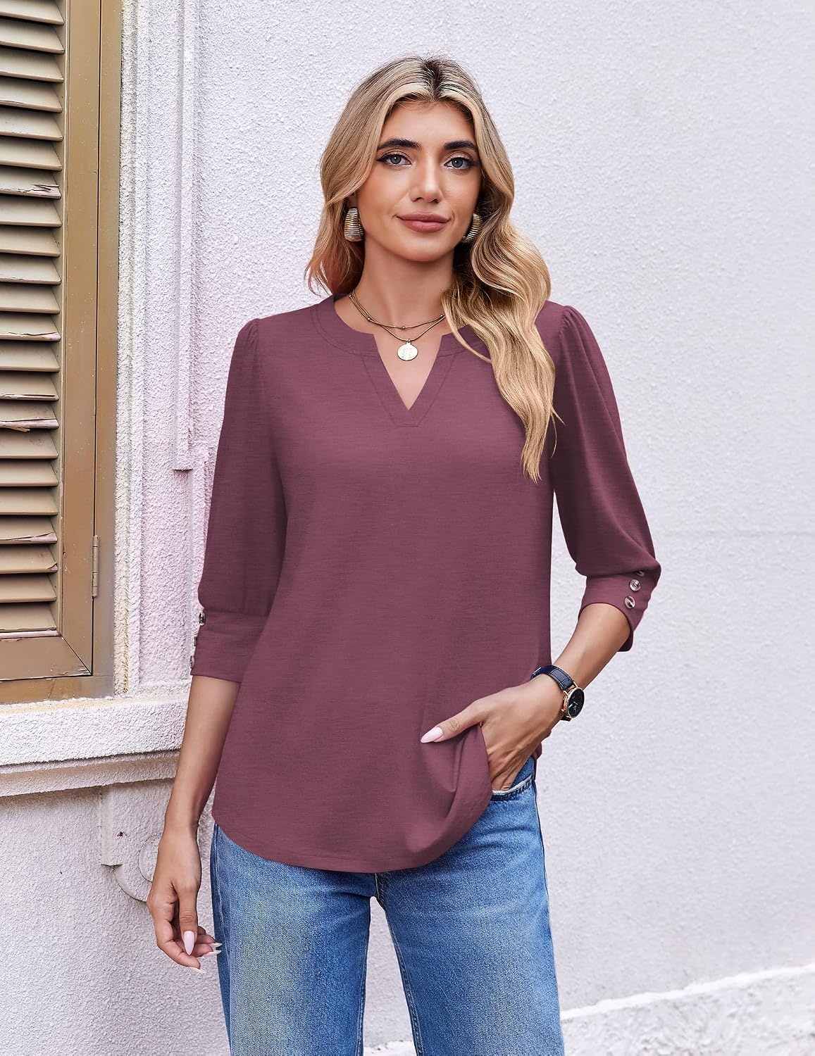 image:imageEkouaer 34 Sleeve Tops Women V Neck T Shirts Dressy Casual BlousesDark Red