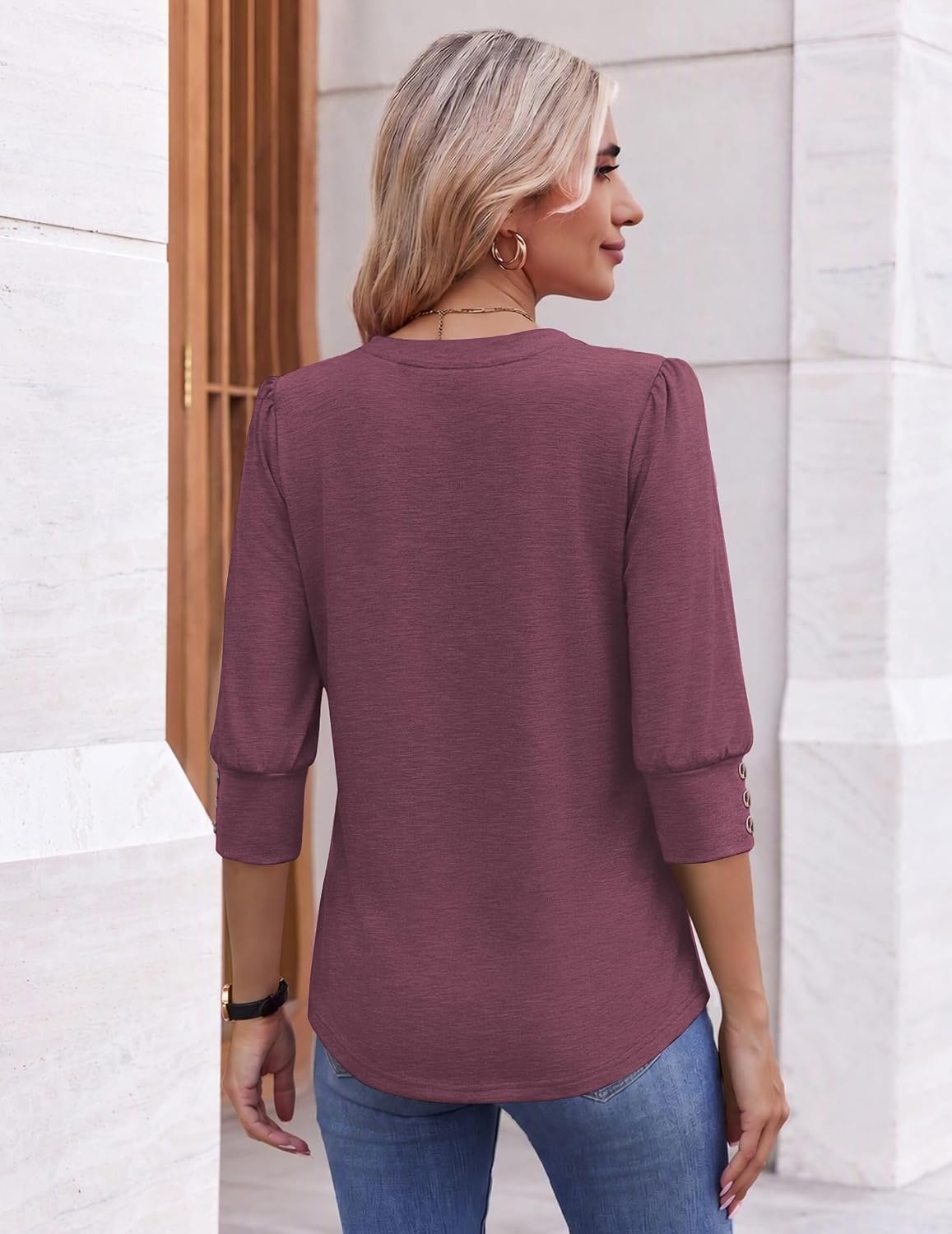 image:imageEkouaer 34 Sleeve Tops Women V Neck T Shirts Dressy Casual BlousesDark Red
