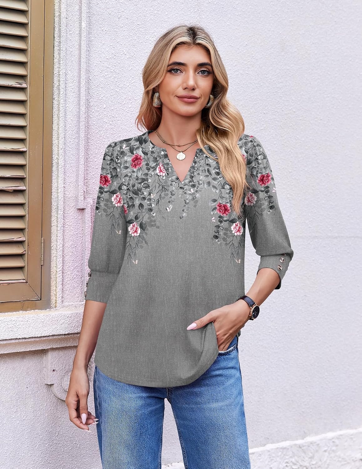 image:imageEkouaer 34 Sleeve Tops Women V Neck T Shirts Dressy Casual BlousesGrey Leaves
