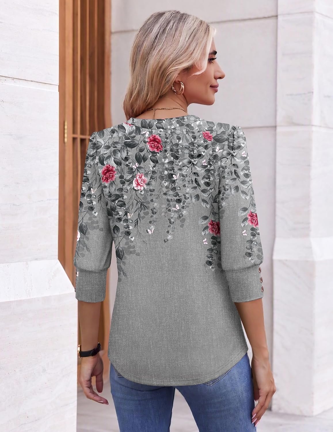 image:imageEkouaer 34 Sleeve Tops Women V Neck T Shirts Dressy Casual BlousesGrey Leaves