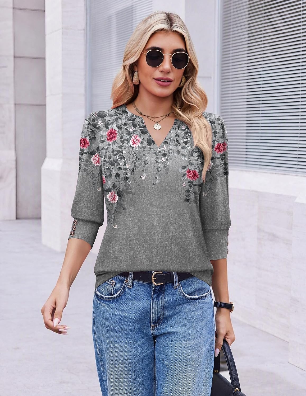 image:imageEkouaer 34 Sleeve Tops Women V Neck T Shirts Dressy Casual BlousesGrey Leaves