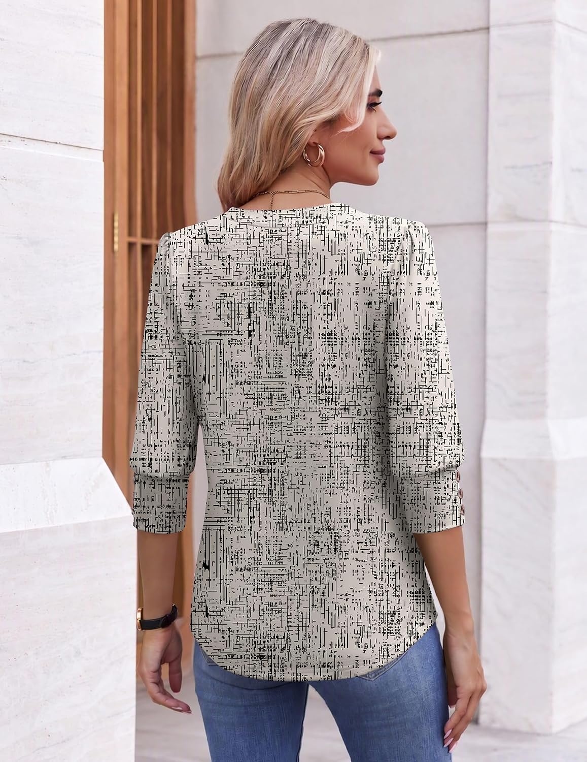 image:imageEkouaer 34 Sleeve Tops Women V Neck T Shirts Dressy Casual BlousesGrid Texture