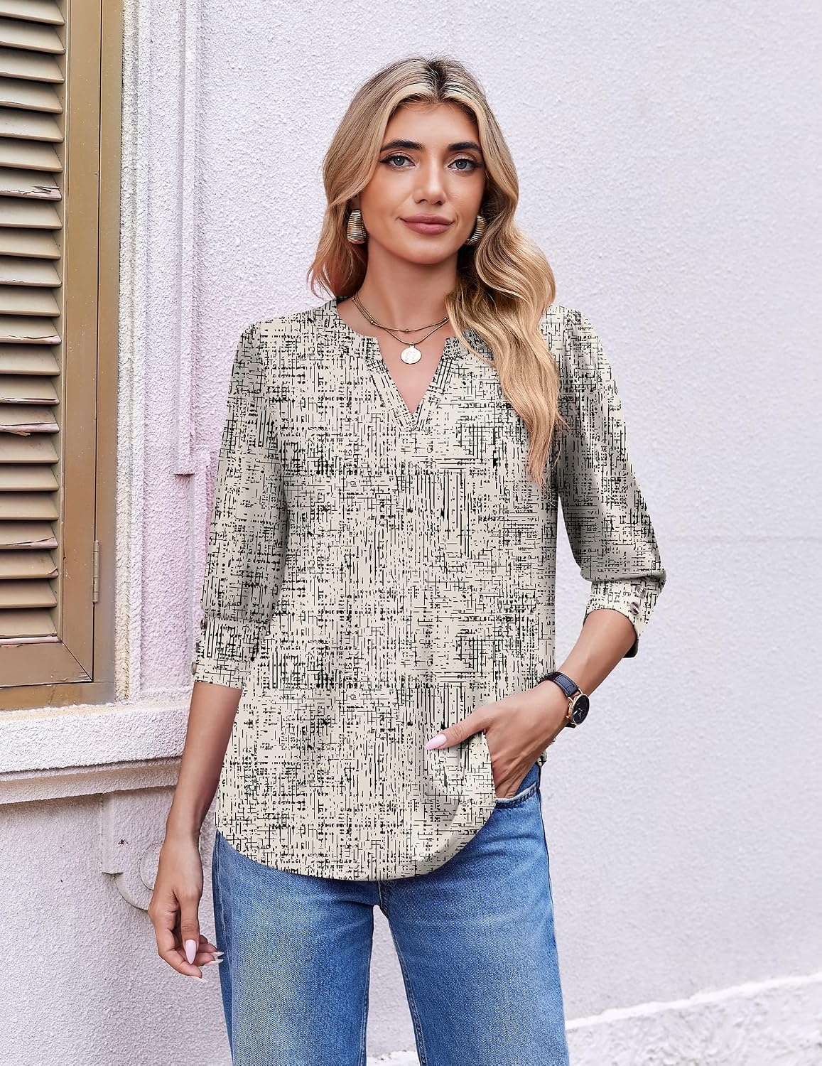 image:imageEkouaer 34 Sleeve Tops Women V Neck T Shirts Dressy Casual BlousesGrid Texture
