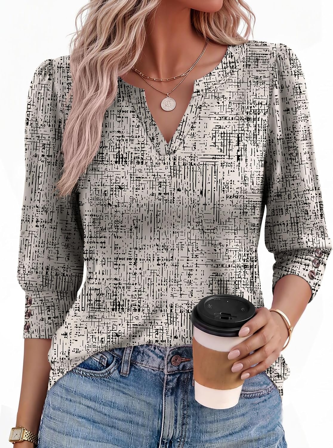 image:imageEkouaer 34 Sleeve Tops Women V Neck T Shirts Dressy Casual BlousesGrid Texture