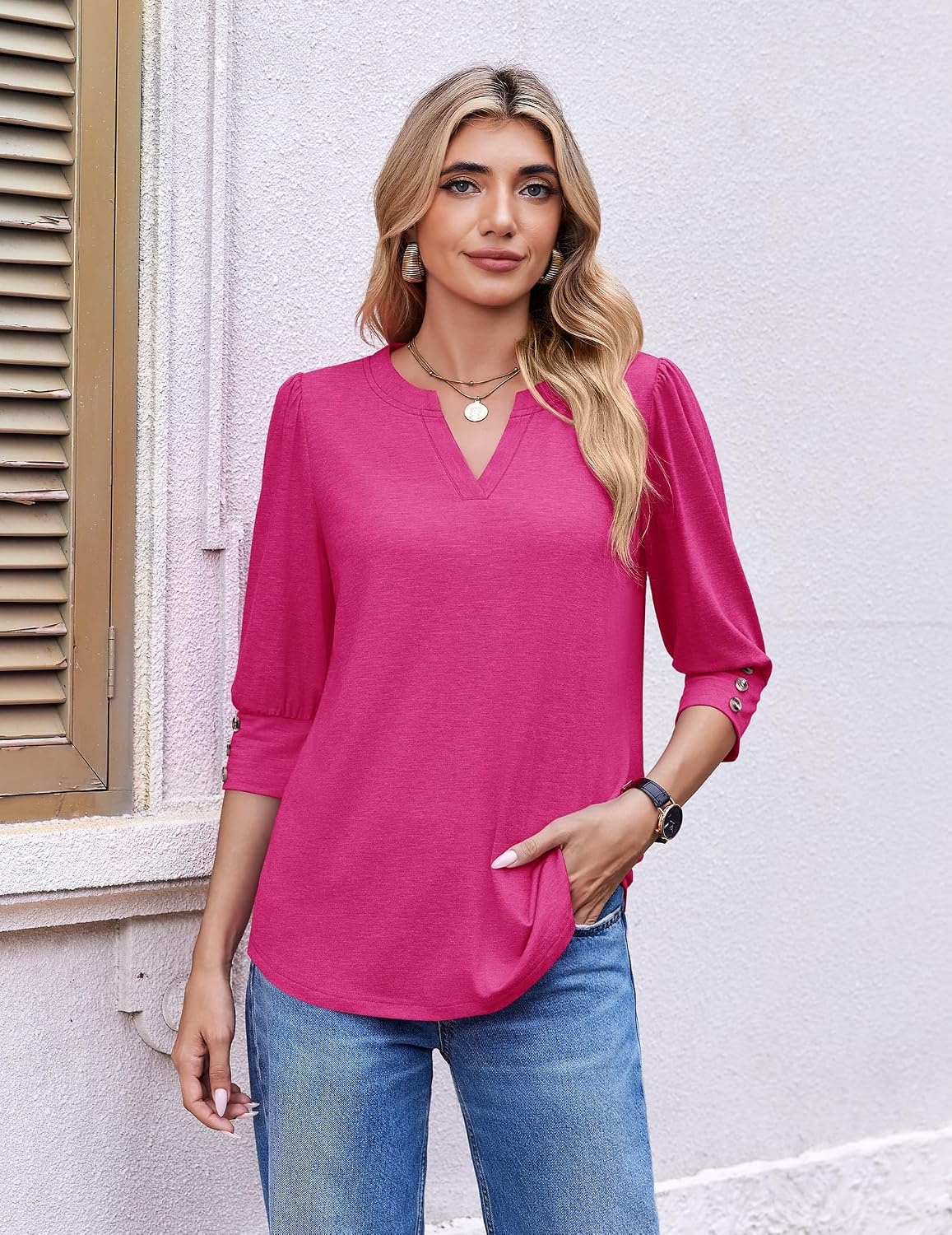 image:imageEkouaer 34 Sleeve Tops Women V Neck T Shirts Dressy Casual BlousesHot Pink