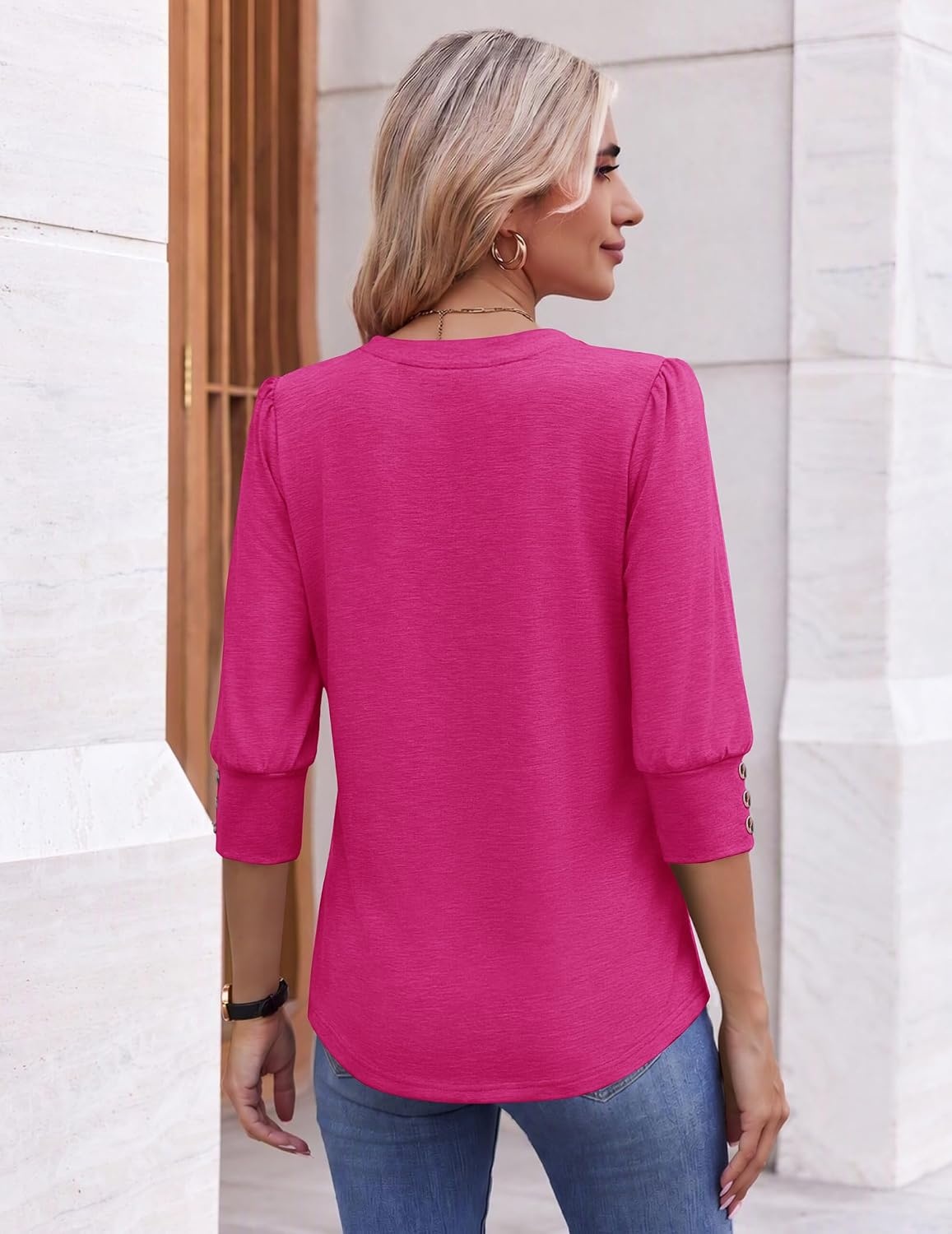 image:imageEkouaer 34 Sleeve Tops Women V Neck T Shirts Dressy Casual BlousesHot Pink