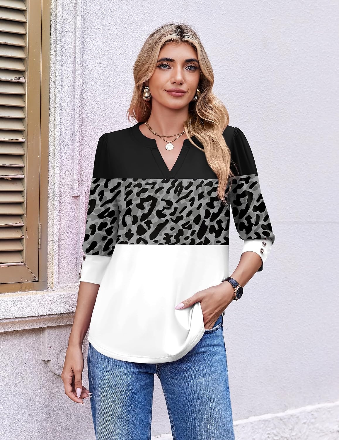 image:imageEkouaer 34 Sleeve Tops Women V Neck T Shirts Dressy Casual BlousesLeopard Patchwork