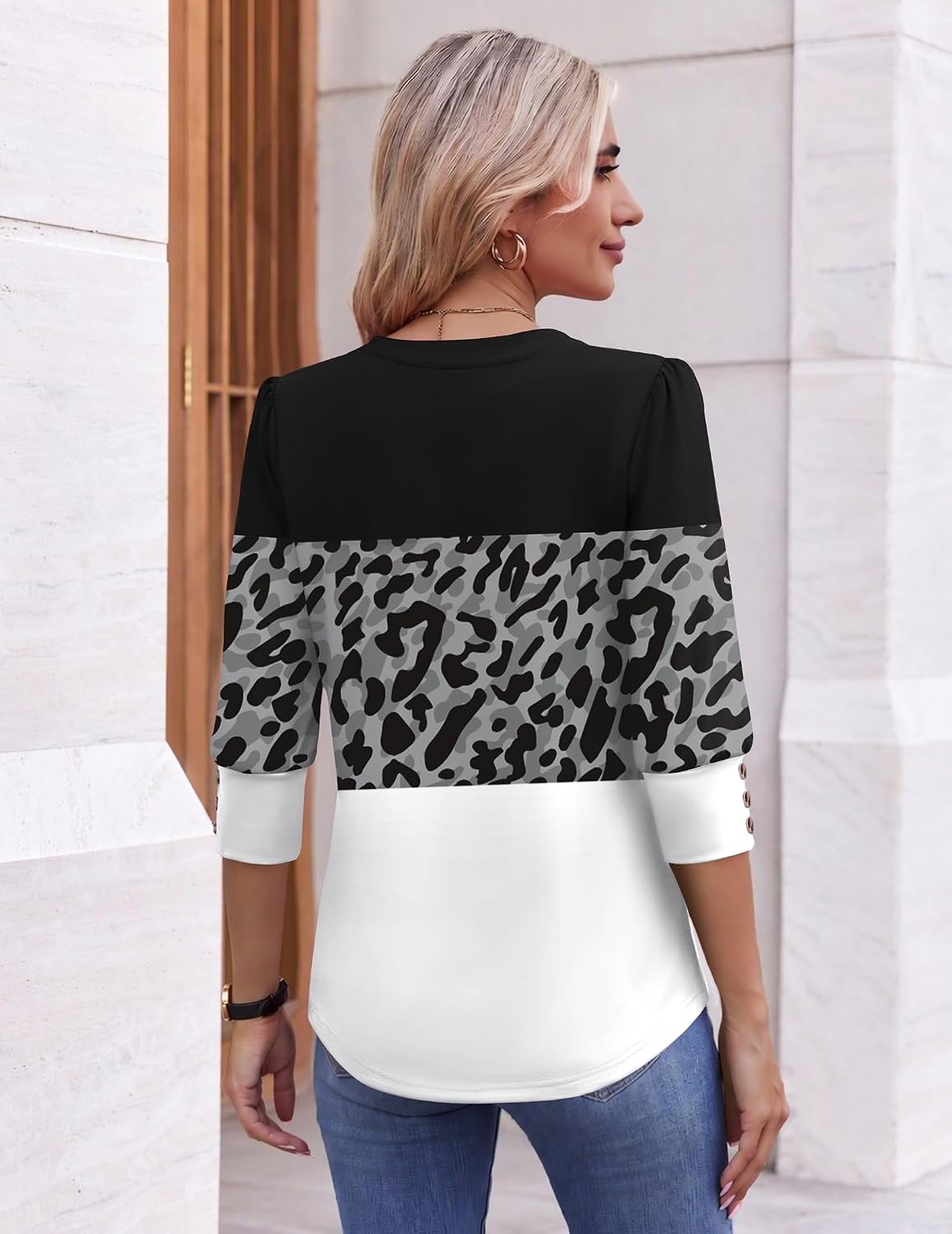 image:imageEkouaer 34 Sleeve Tops Women V Neck T Shirts Dressy Casual BlousesLeopard Patchwork