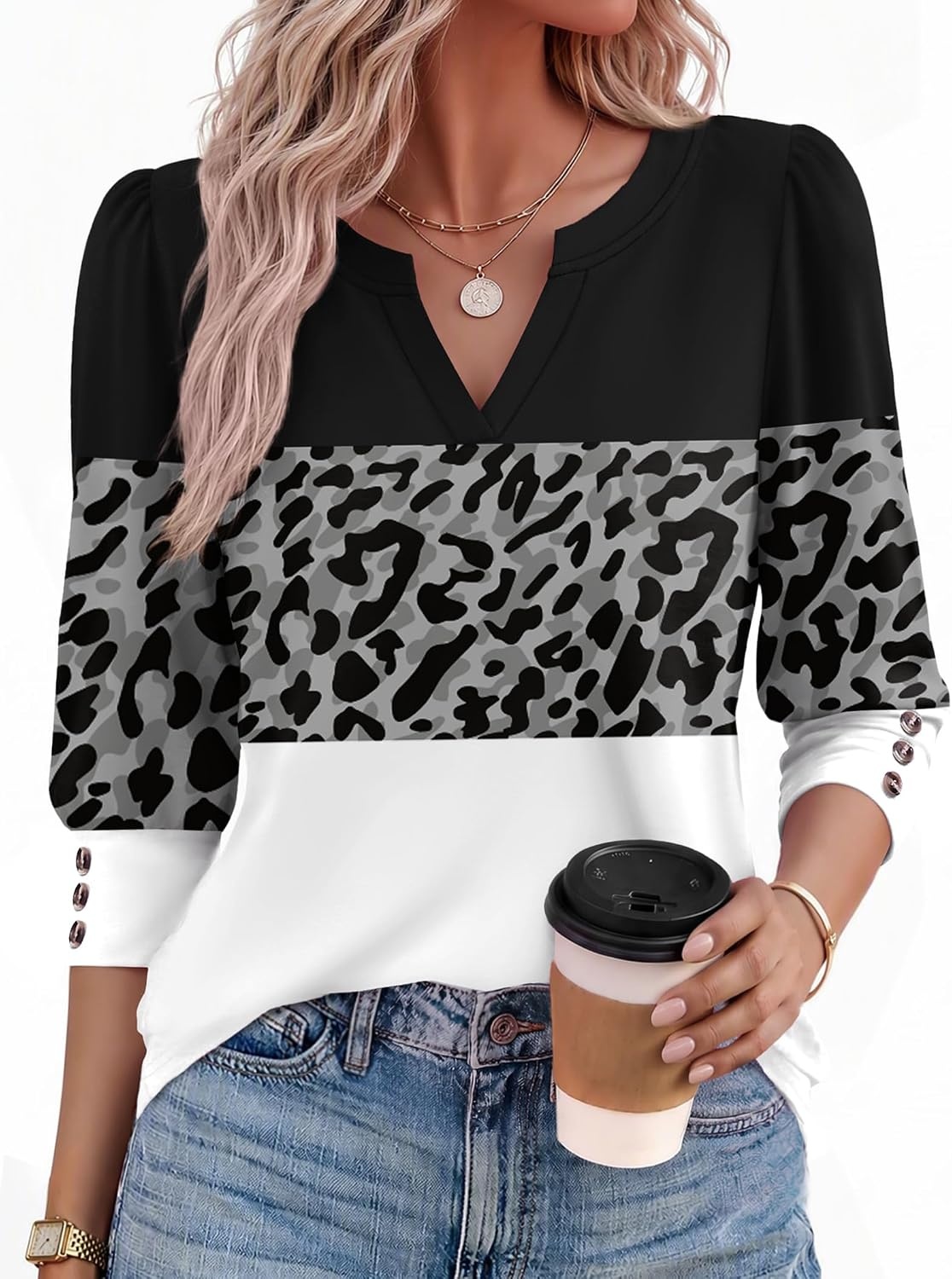 image:imageEkouaer 34 Sleeve Tops Women V Neck T Shirts Dressy Casual BlousesLeopard Patchwork