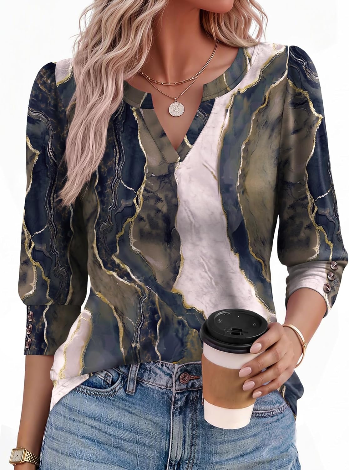 image:imageEkouaer 34 Sleeve Tops Women V Neck T Shirts Dressy Casual BlousesMulticolorcx278