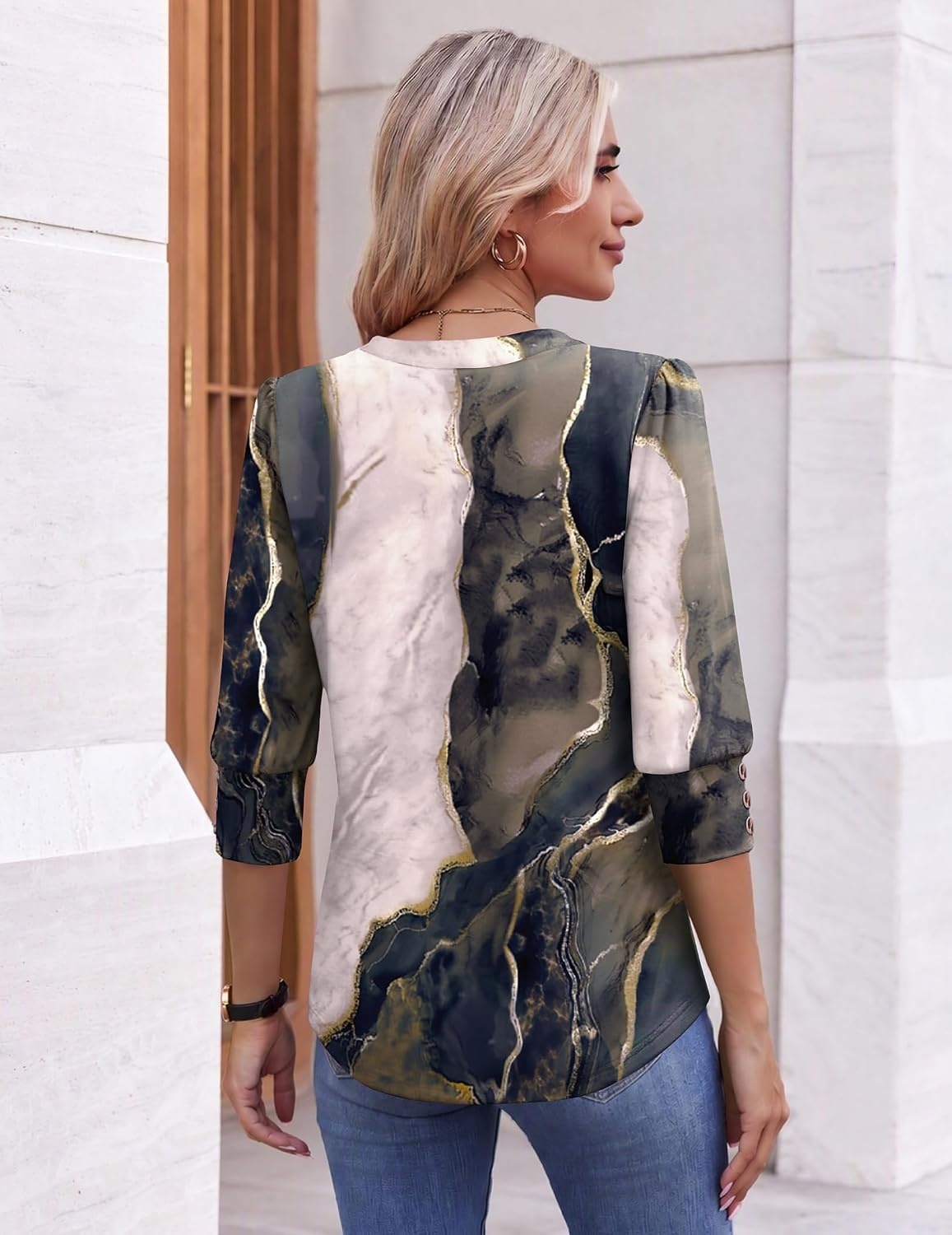 image:imageEkouaer 34 Sleeve Tops Women V Neck T Shirts Dressy Casual BlousesMulticolorcx278