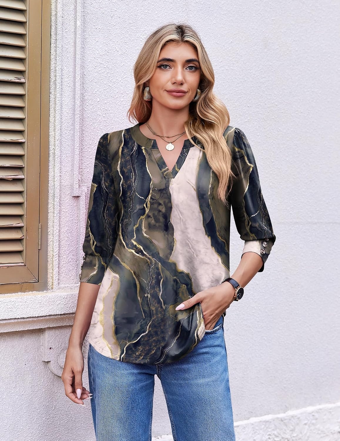 image:imageEkouaer 34 Sleeve Tops Women V Neck T Shirts Dressy Casual BlousesMulticolorcx278