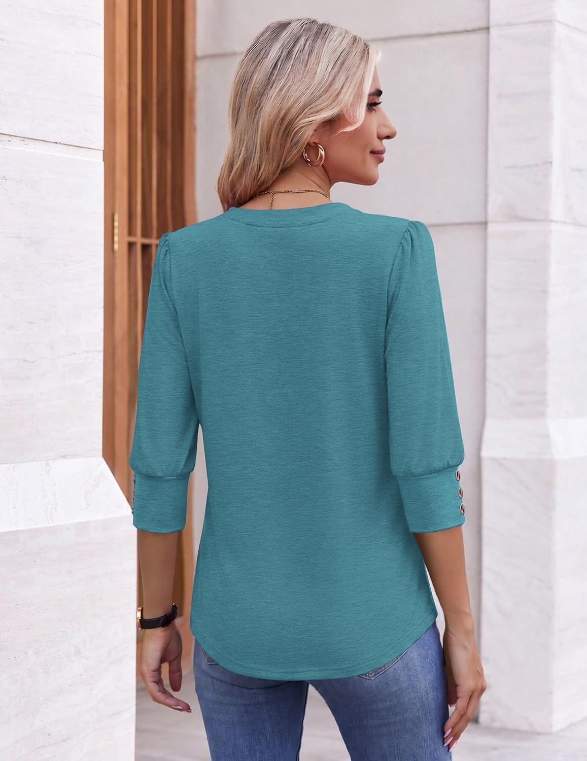 image:imageEkouaer 34 Sleeve Tops Women V Neck T Shirts Dressy Casual BlousesPeacock Blue