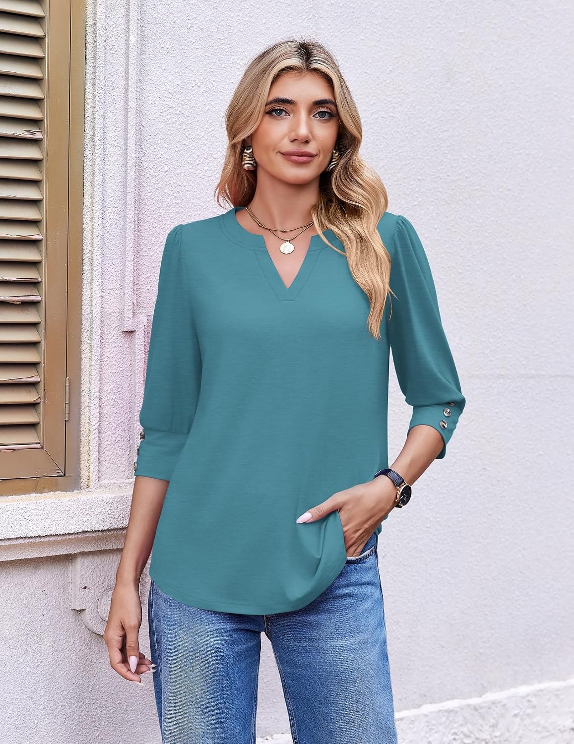 image:imageEkouaer 34 Sleeve Tops Women V Neck T Shirts Dressy Casual BlousesPeacock Blue