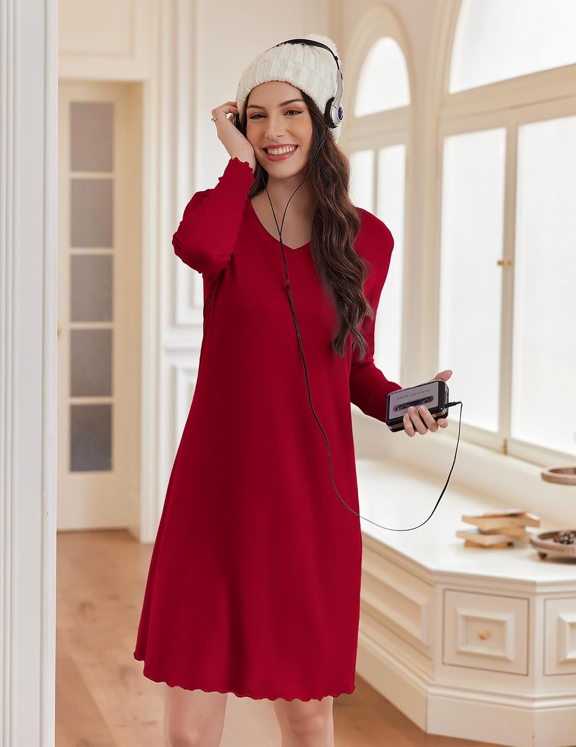 image:imageEkouaer Cotton Nightgowns for Women 2 Pack Long Sleeve Night GownBlackWine Red