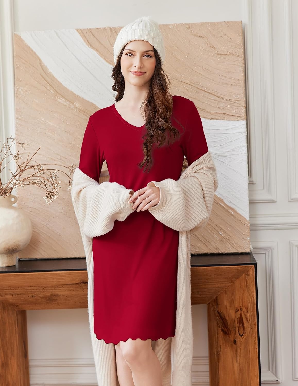 image:imageEkouaer Cotton Nightgowns for Women 2 Pack Long Sleeve Night GownBlackWine Red