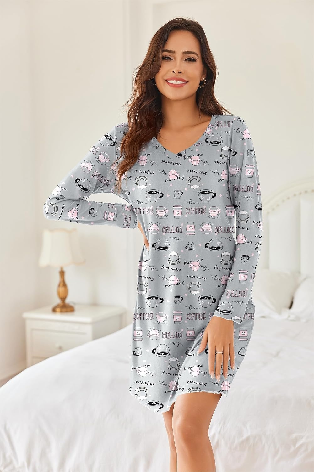 image:imageEkouaer Cotton Nightgowns for Women 2 Pack Long Sleeve Night GownCoffee PrintBlack Cat
