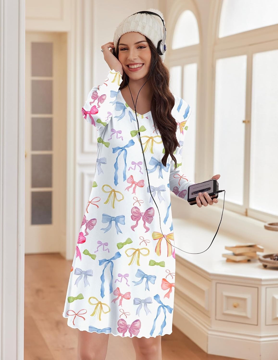 image:imageEkouaer Cotton Nightgowns for Women 2 Pack Long Sleeve Night GownPinkCute Bow