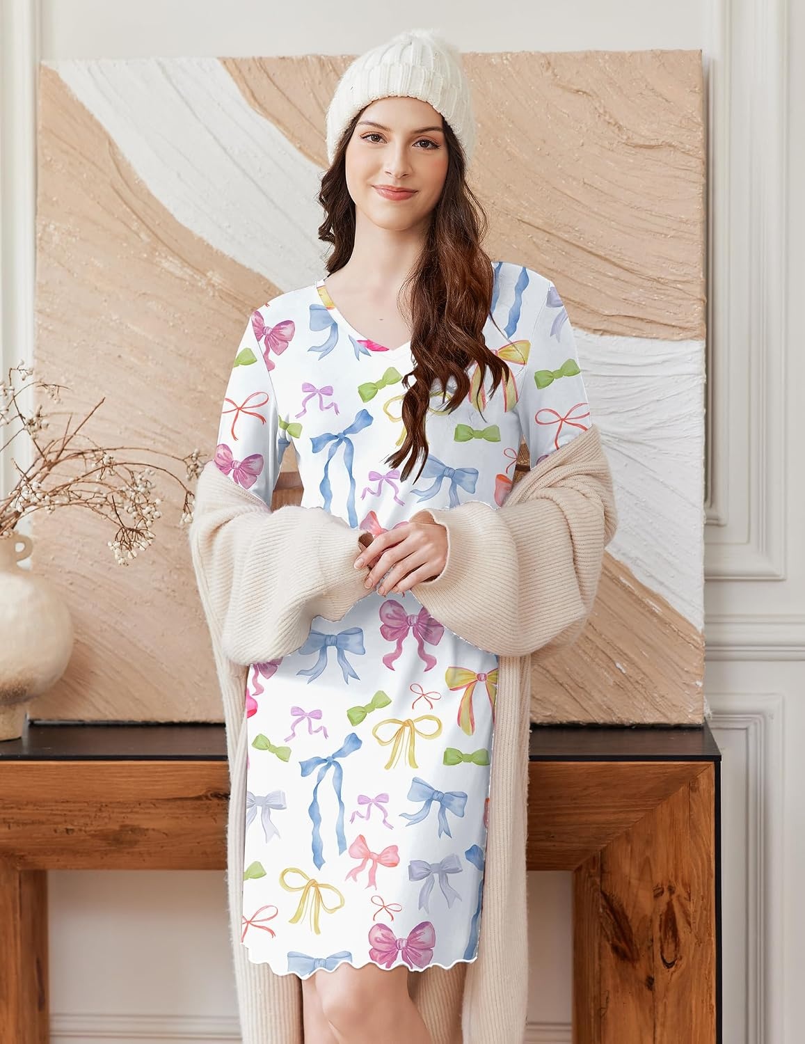 image:imageEkouaer Cotton Nightgowns for Women 2 Pack Long Sleeve Night GownPinkCute Bow