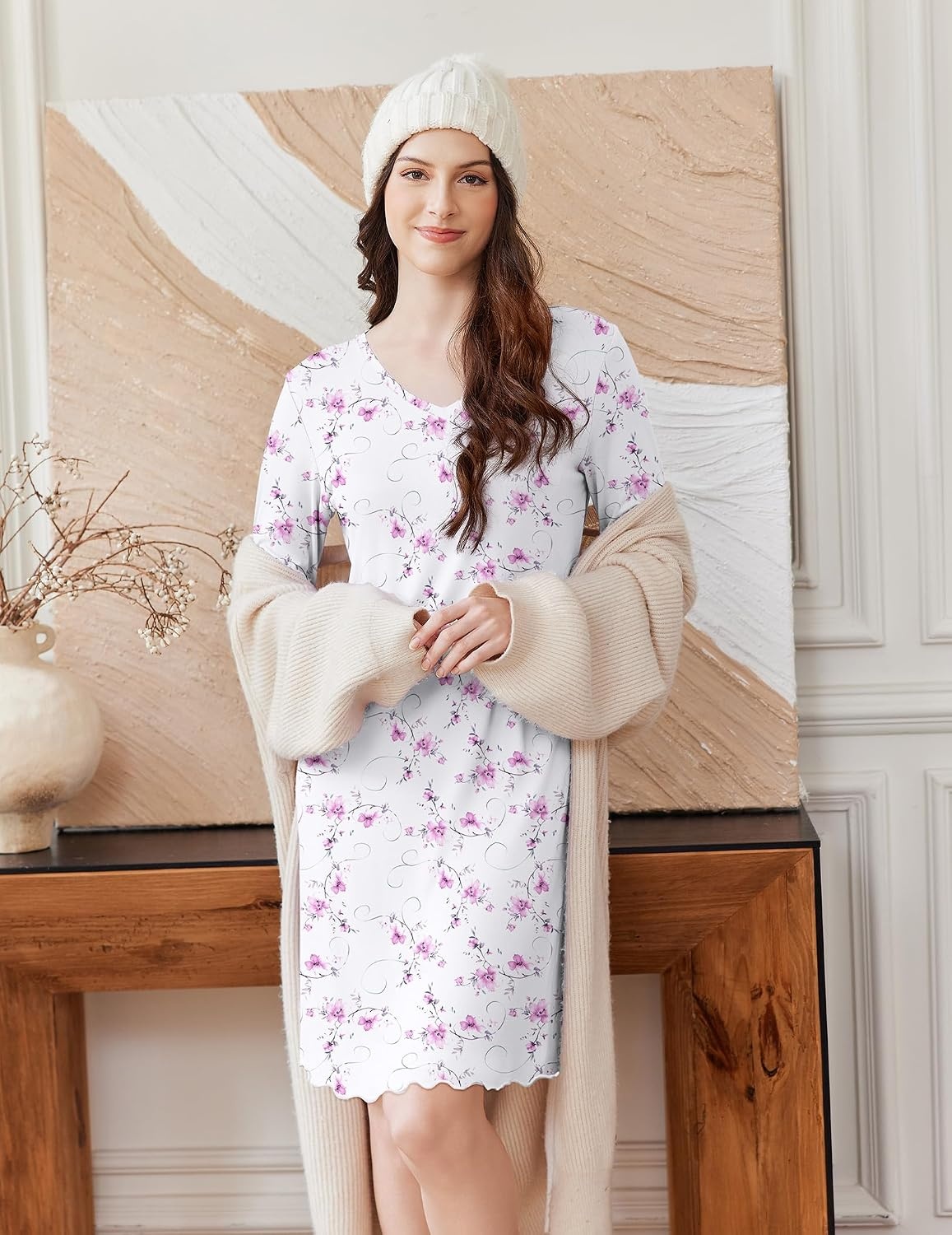 image:imageEkouaer Cotton Nightgowns for Women 2 Pack Long Sleeve Night GownPinkRed Floral