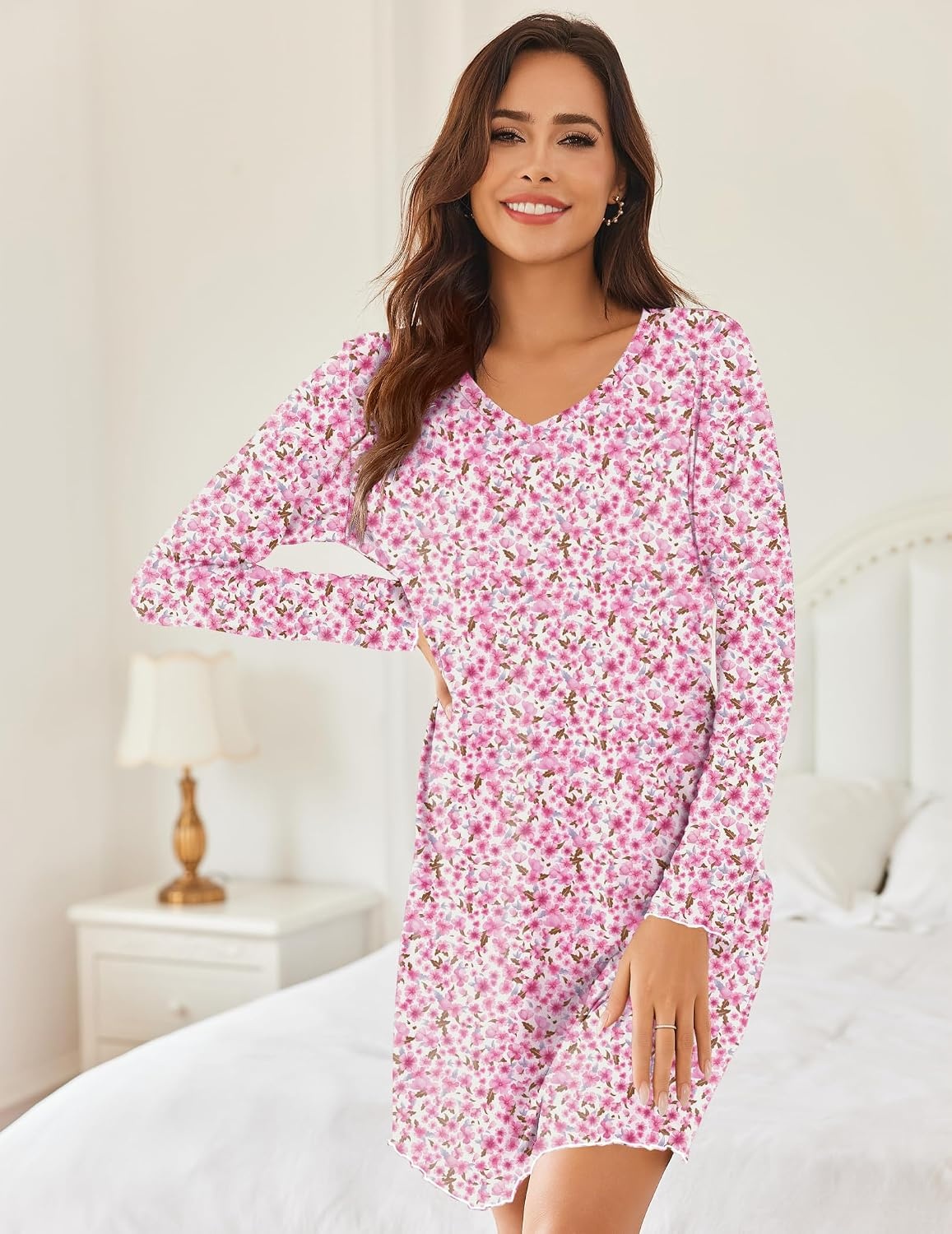image:imageEkouaer Cotton Nightgowns for Women 2 Pack Long Sleeve Night GownPurple FloralPink Floral