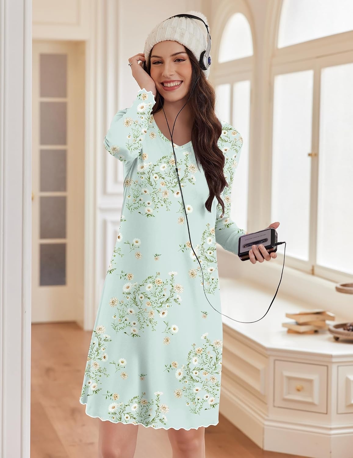 image:imageEkouaer Cotton Nightgowns for Women 2 Pack Long Sleeve Night GownPurple StarFloral Light Green