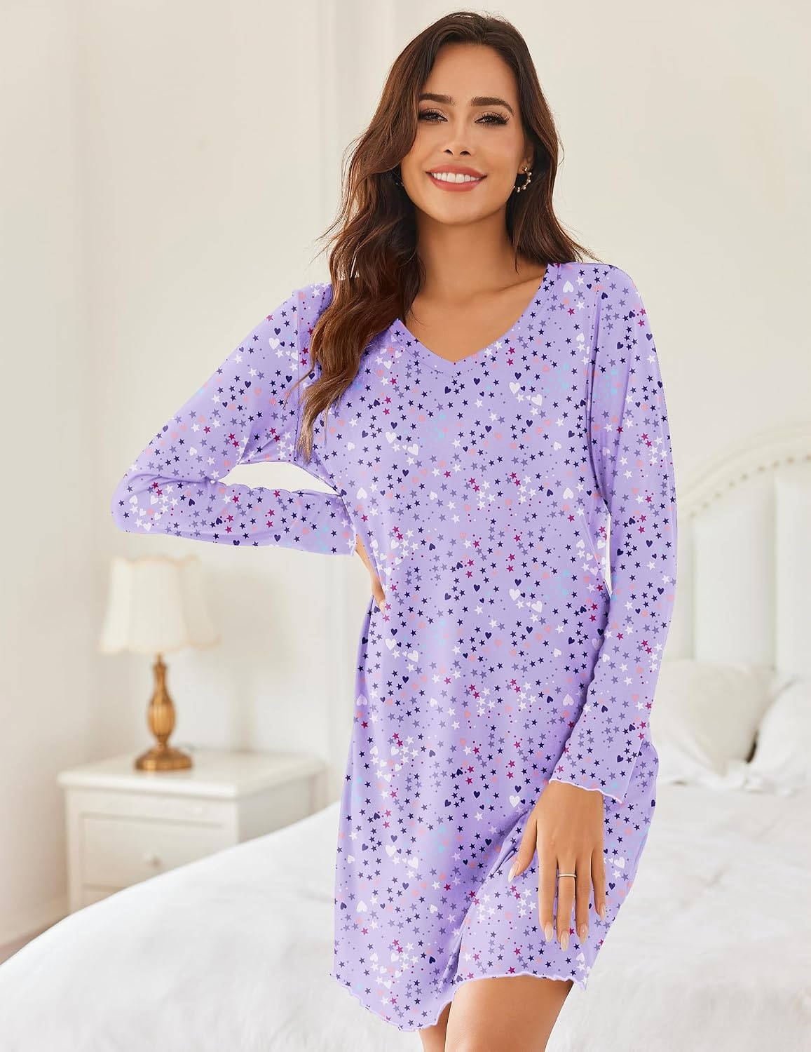 image:imageEkouaer Cotton Nightgowns for Women 2 Pack Long Sleeve Night GownPurple StarFloral Light Green