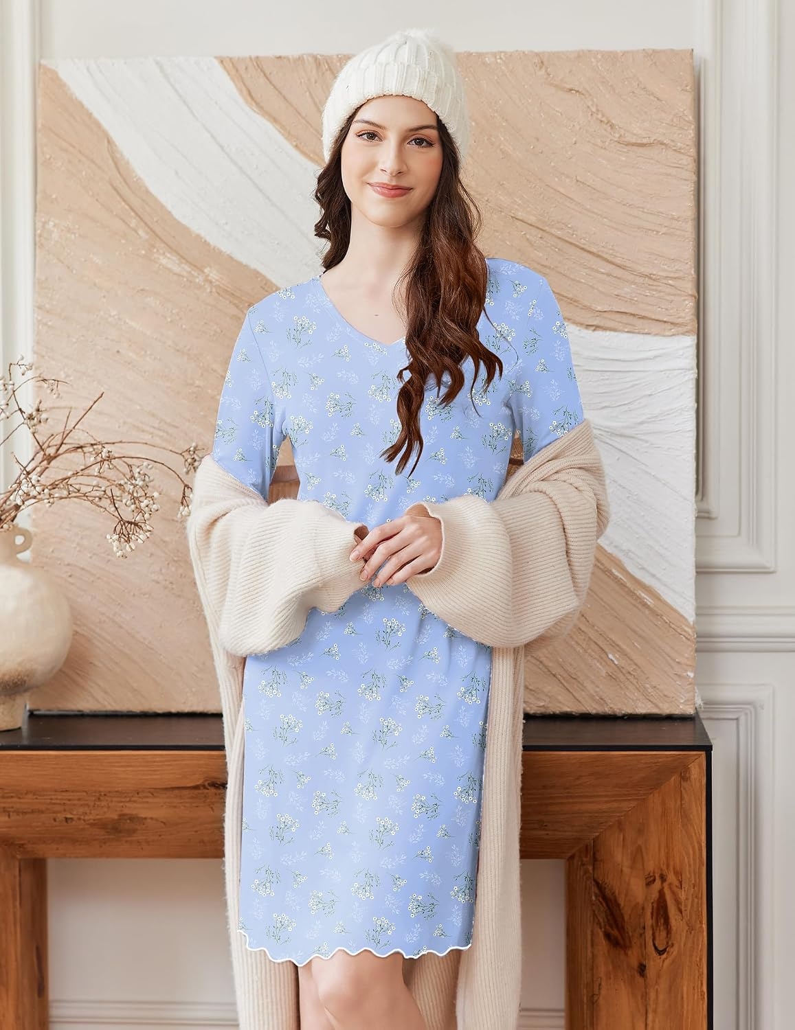 image:imageEkouaer Cotton Nightgowns for Women 2 Pack Long Sleeve Night GownWhite Blue FlowerBlue Floral