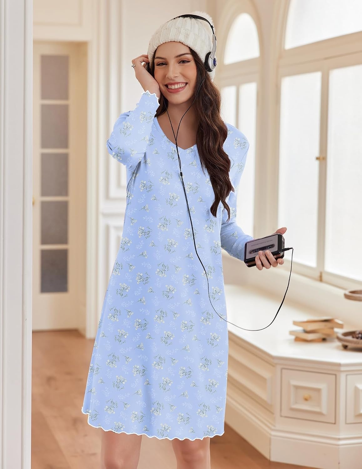 image:imageEkouaer Cotton Nightgowns for Women 2 Pack Long Sleeve Night GownWhite Blue FlowerBlue Floral