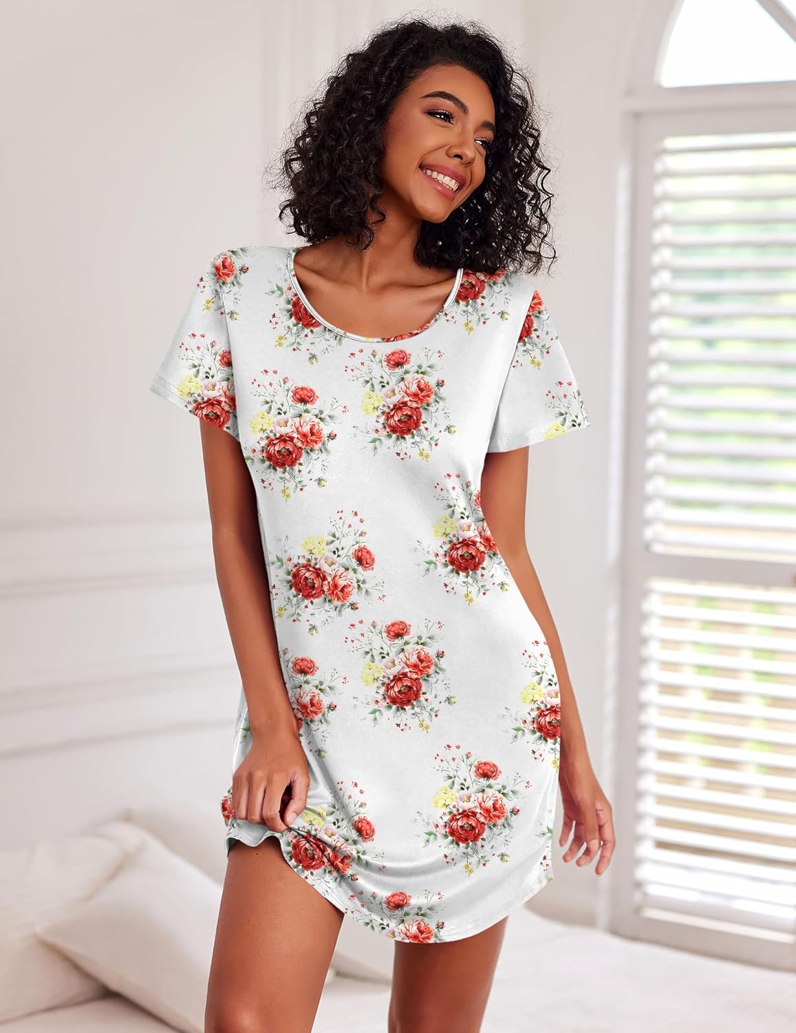 image:imageEkouaer Cotton Nightgowns for Women 3 Pack Sleepshirts Tshirt Night GownMoon StarWhite Red FloralGreen Flower