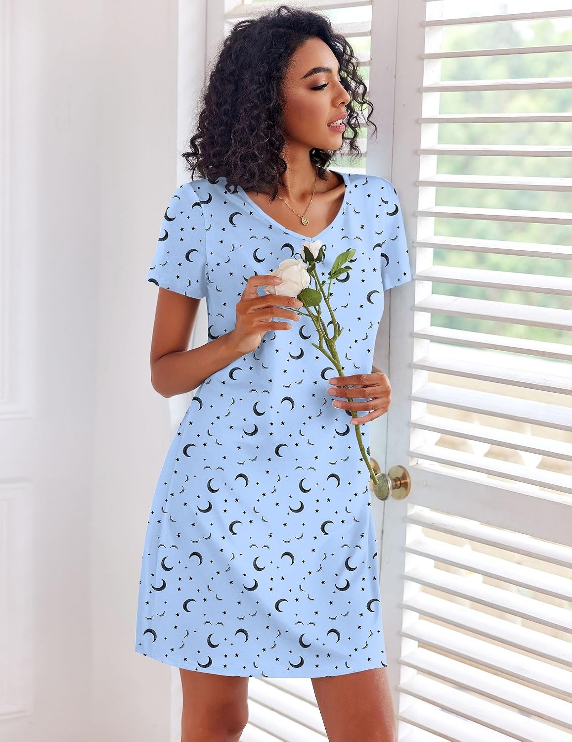 image:imageEkouaer Cotton Nightgowns for Women 3 Pack Sleepshirts Tshirt Night GownMoon StarWhite Red FloralGreen Flower