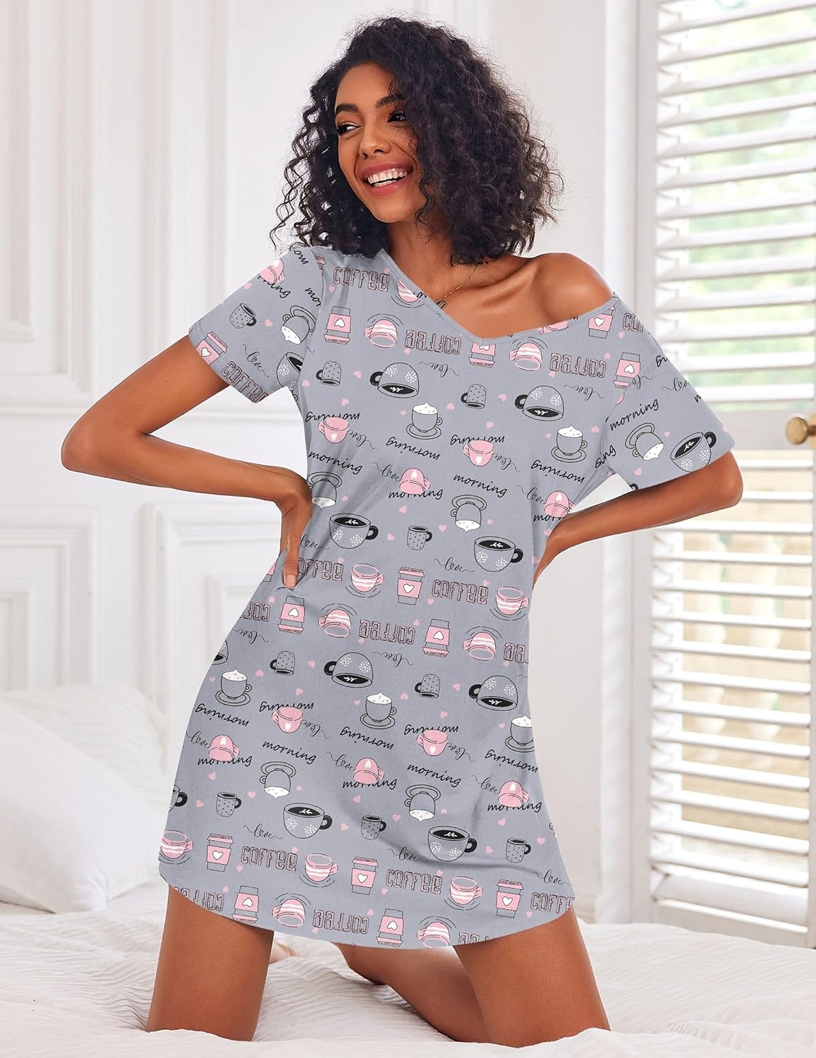 image:imageEkouaer Cotton Nightgowns for Women 3 Pack Sleepshirts Tshirt Night GownPink FloralGrey CoffeYellow Floral