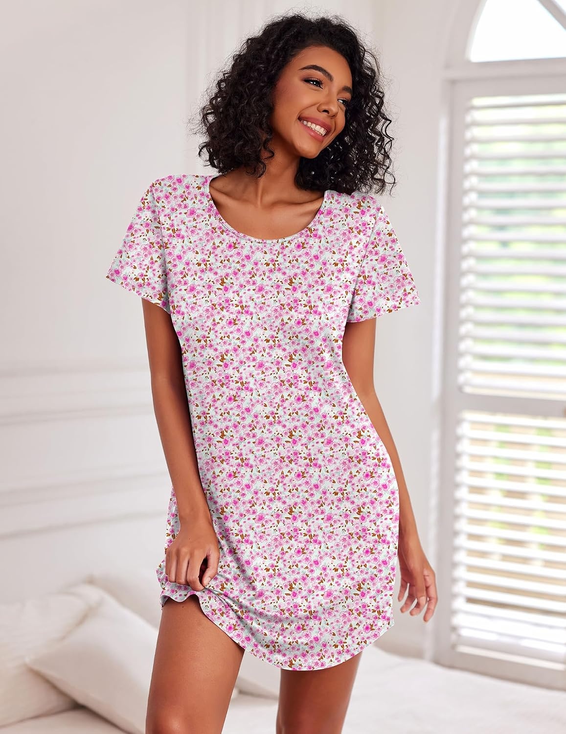 image:imageEkouaer Cotton Nightgowns for Women 3 Pack Sleepshirts Tshirt Night GownPink FloralGrey CoffeYellow Floral