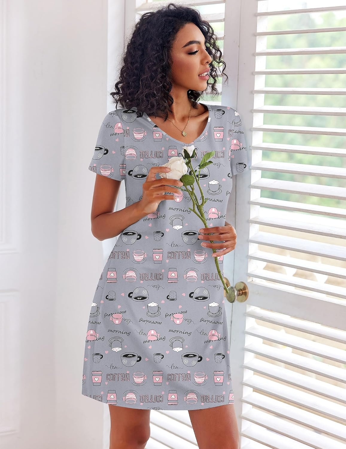 image:imageEkouaer Cotton Nightgowns for Women 3 Pack Sleepshirts Tshirt Night GownPink FloralGrey CoffeYellow Floral