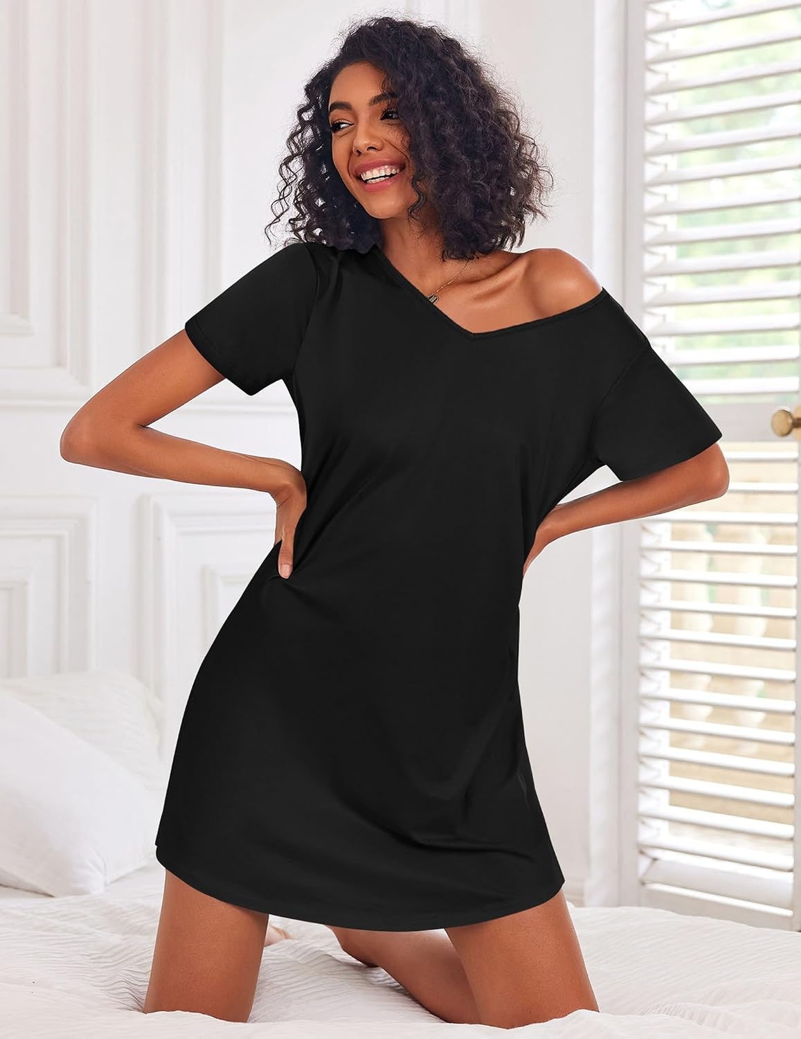 image:imageEkouaer Cotton Nightgowns for Women 3 Pack Sleepshirts Tshirt Night GownPurple FloralBlackBlue Moon