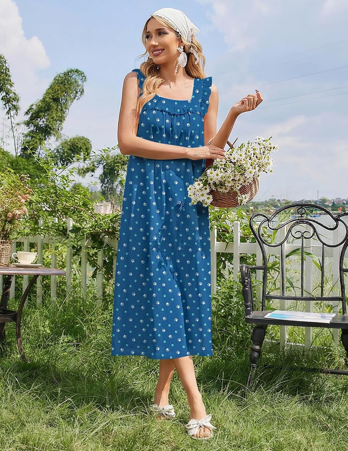 image:imageEkouaer Cotton Nightgowns for Women Long Night Gown Sleeveless Sleep DressDog Footprints