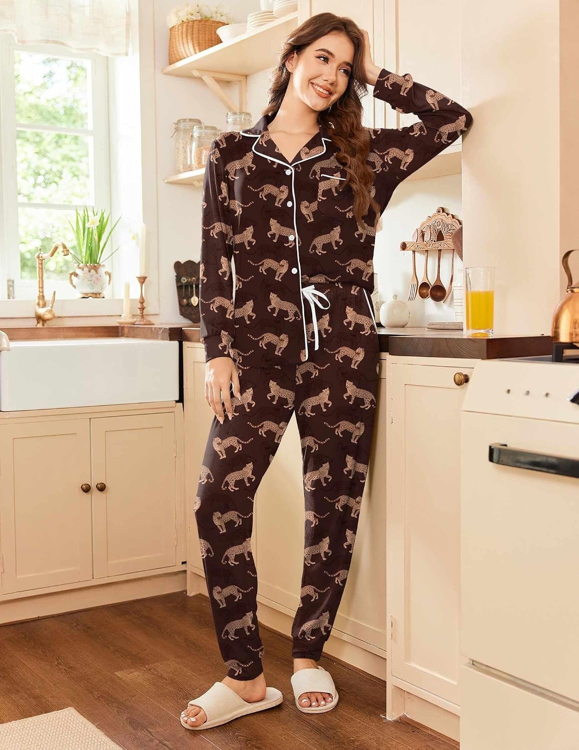 image:imageEkouaer Pajamas Set Long Sleeve Sleepwear Womens Button Down Soft PjsBrown Leopard
