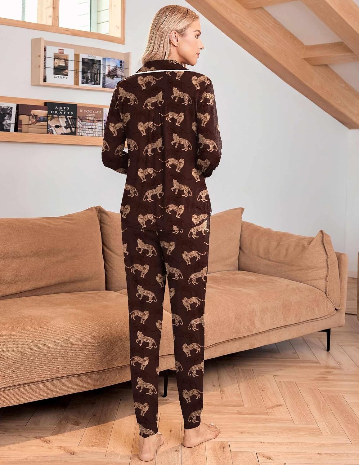 image:imageEkouaer Pajamas Set Long Sleeve Sleepwear Womens Button Down Soft PjsBrown Leopard