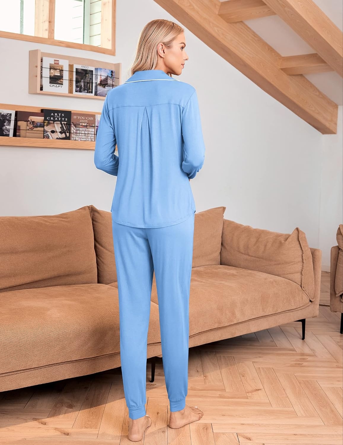 image:imageEkouaer Pajamas Set Long Sleeve Sleepwear Womens Button Down Soft PjsLight Blue